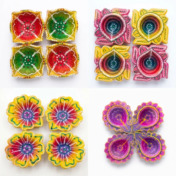 Four example designs of colourful clay diyas for Diwali, sold as a set of 4 with designs selected at random